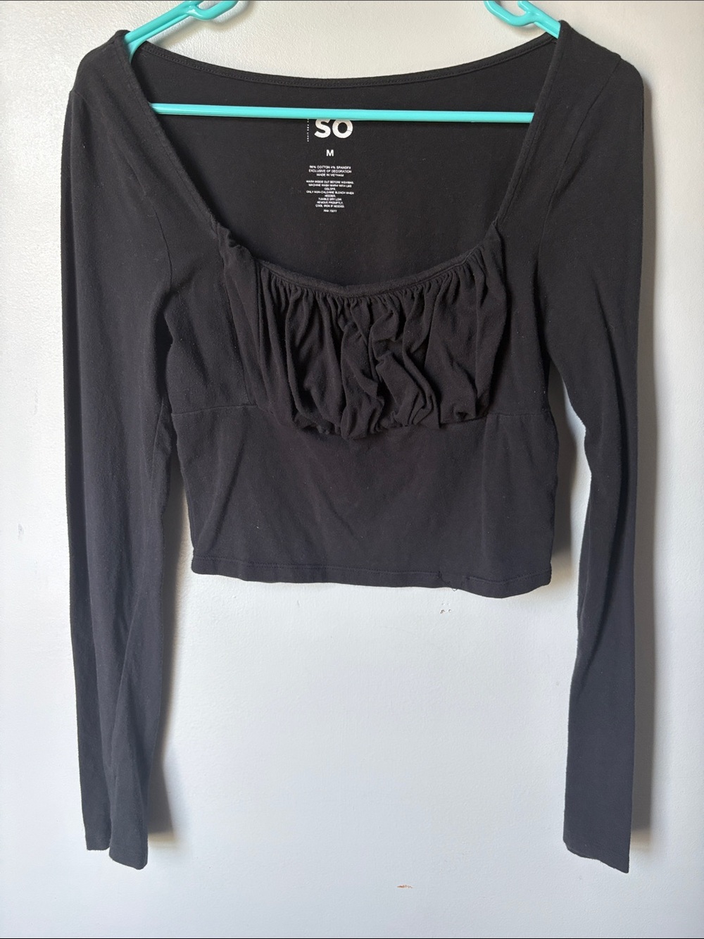 SO Black Ruched Square-Neck Long Sleeve Crop Top